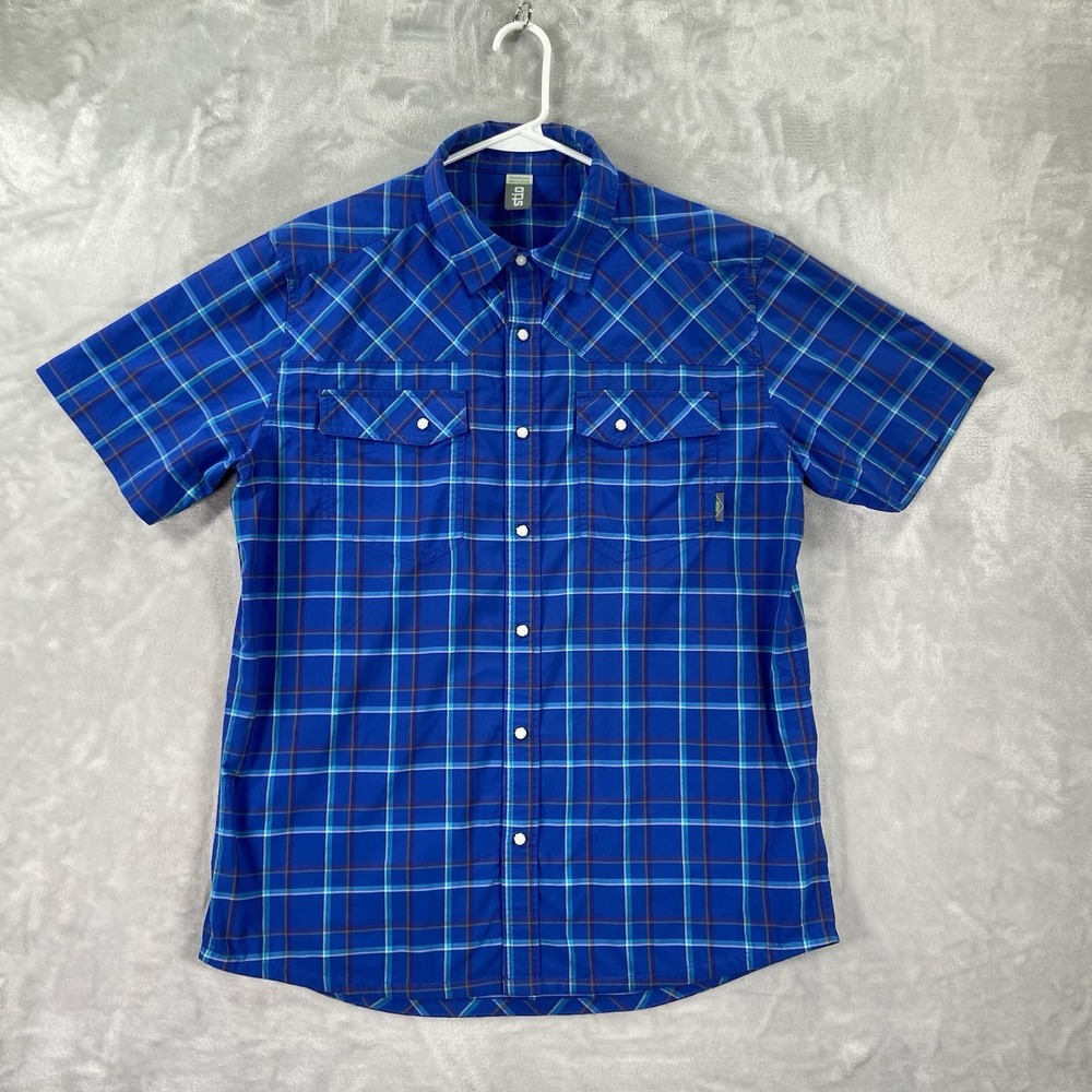Stio Shirt Mens Medium Eddy Pearl Snap Western Technical Short Sleeve Plaid Blue